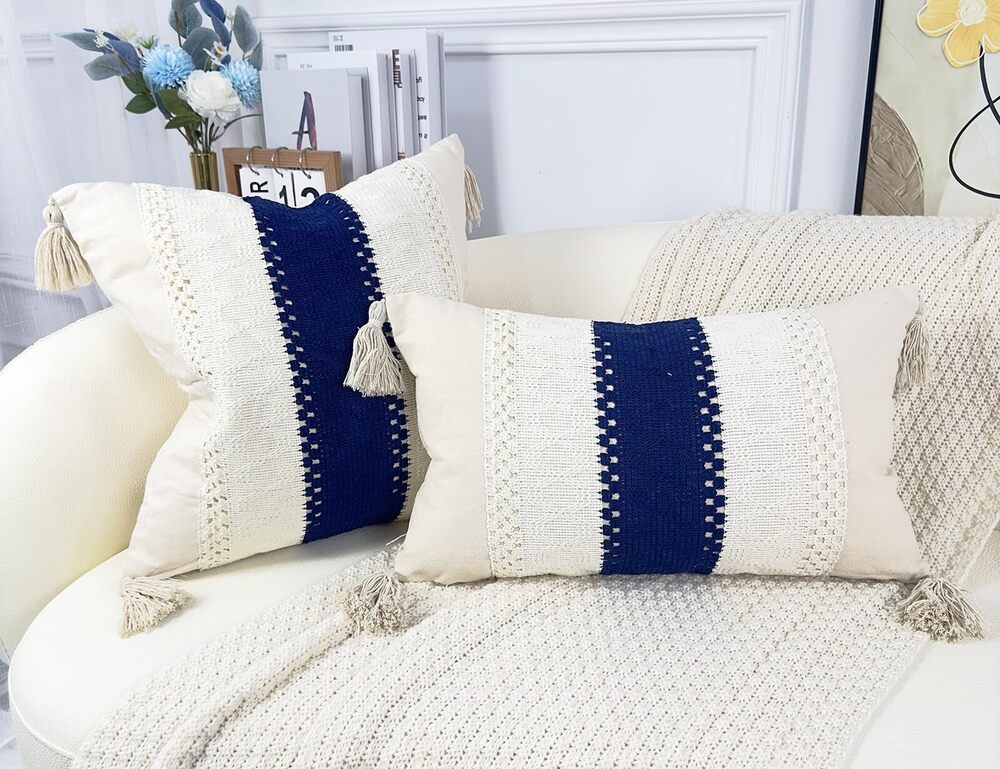 9911 Boho Throw Pillow Covers 16x16,Cute Pillow Cover with Tassels,Neutral - Picture 2 of 6